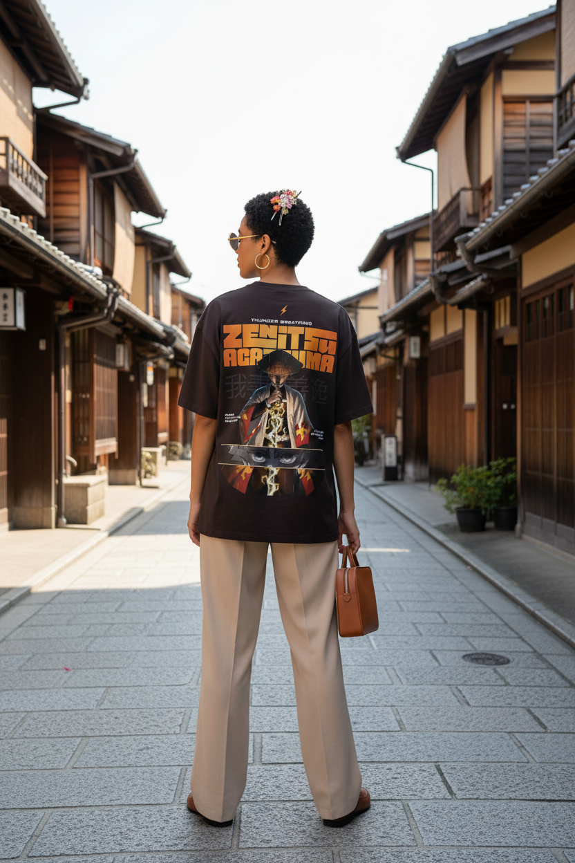 Female model wearing the INFA Atelier Zenitsu Agatsuma graphic tee in dark coffee brown, back view