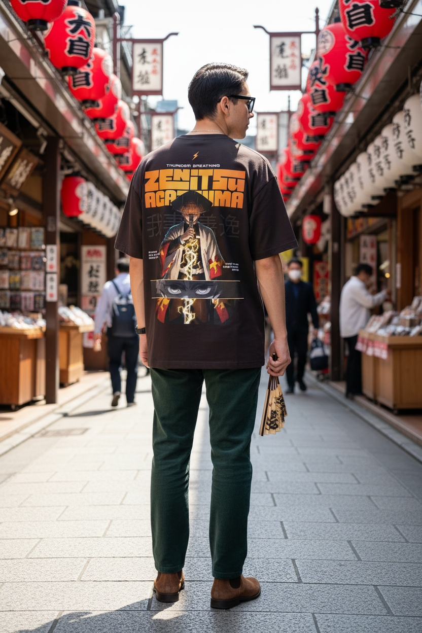 Male model wearing the INFA Atelier Zenitsu Agatsuma graphic tee in dark coffee brown, back view