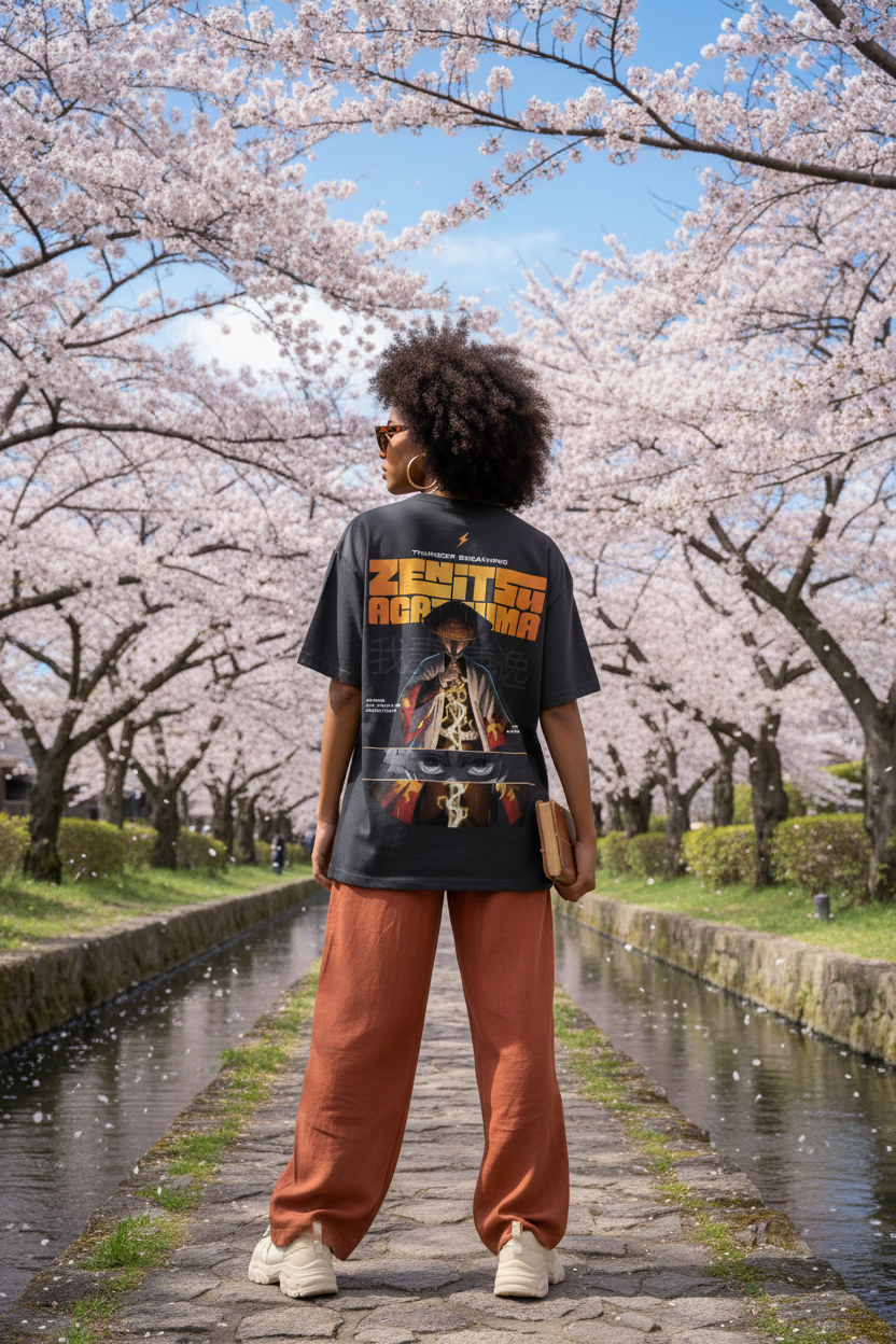 Female model wearing the INFA Atelier Zenitsu Agatsuma graphic tee in charcoal grey, back view