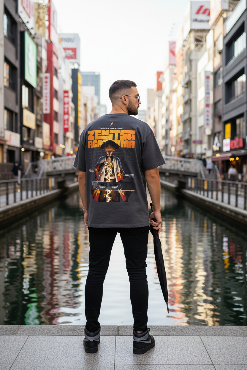 Male model wearing the INFA Atelier Zenitsu Agatsuma graphic tee in charcoal grey, back view