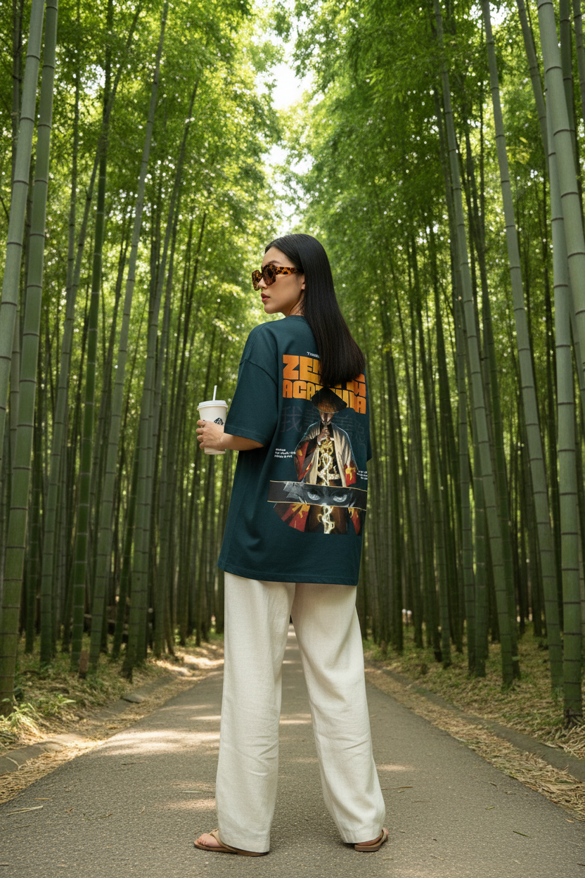 Female model wearing the INFA Atelier Zenitsu Agatsuma graphic tee in dark teal, back view