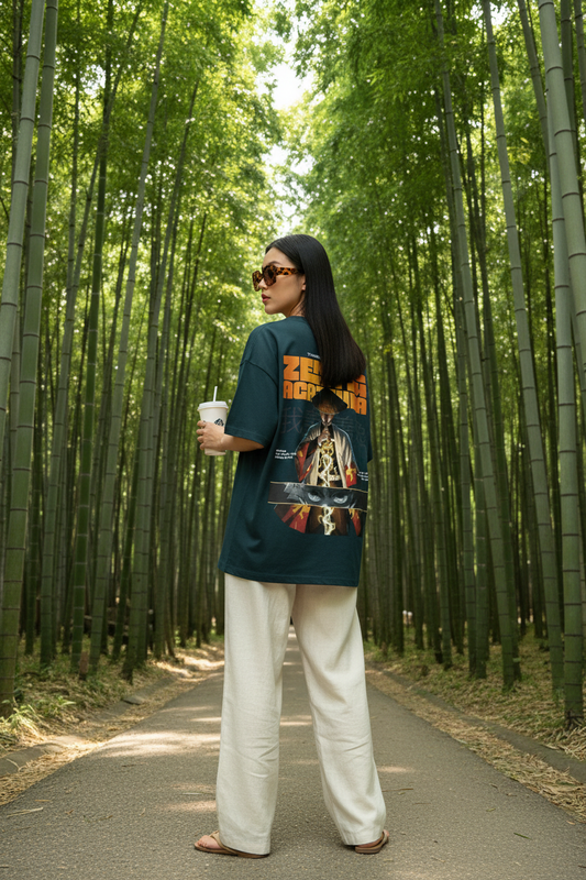 Female model wearing the INFA Atelier Zenitsu Agatsuma graphic tee in dark teal, back view