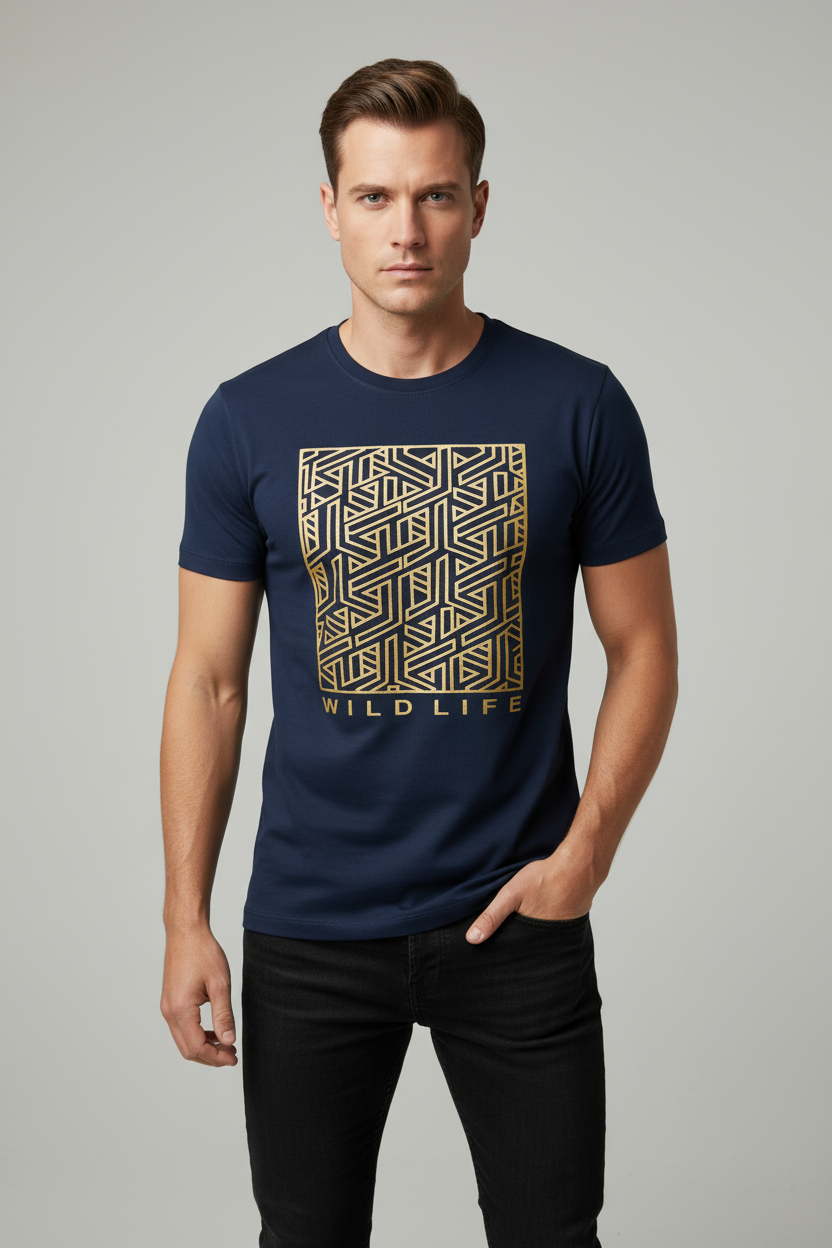 Wild Life Graphic Tee in Navy with gold print