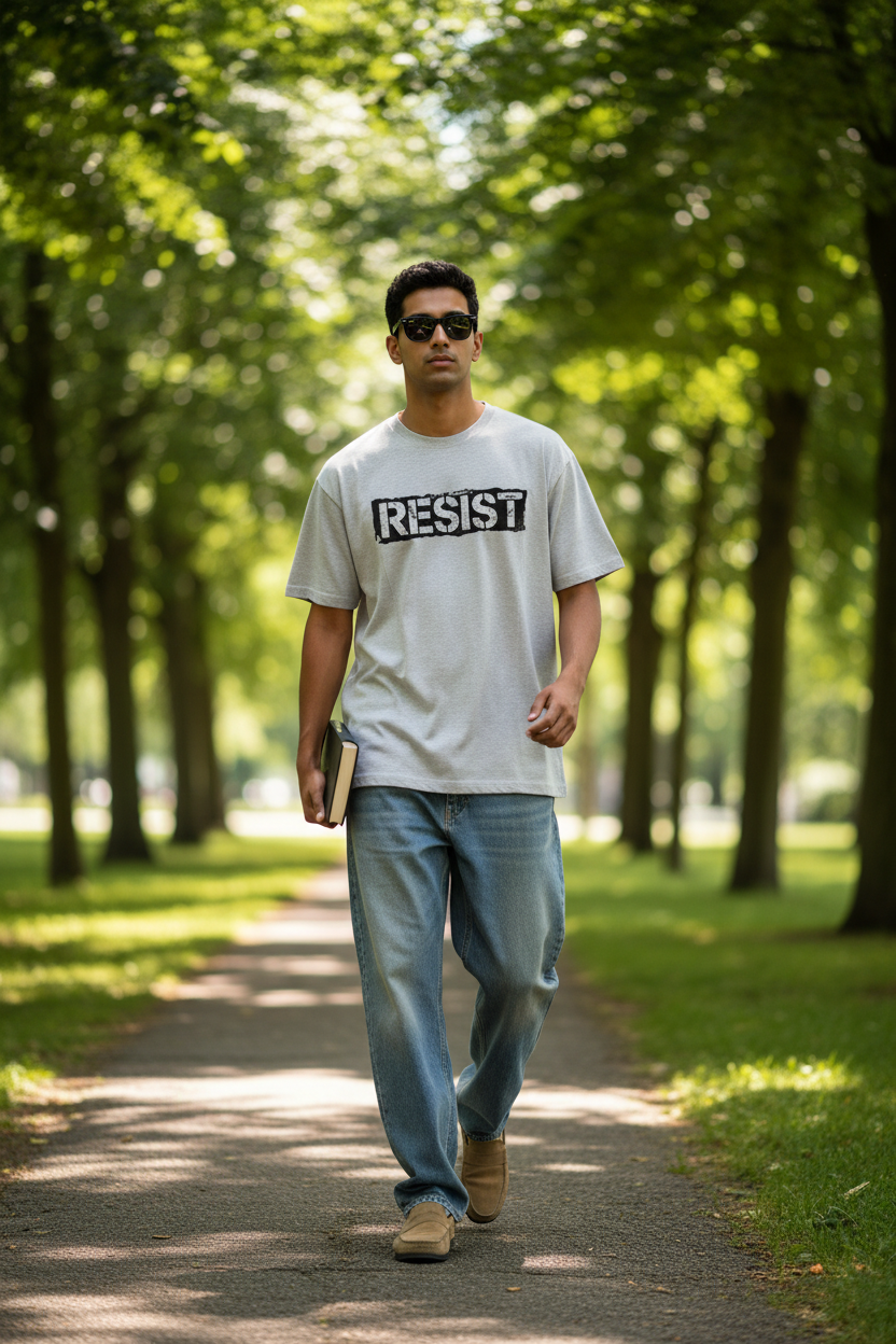 RESIST Graphic Tee - Light Grey - Male Model Green Park