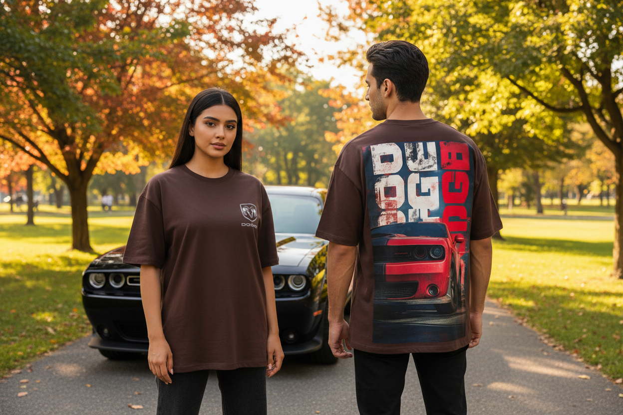 Chocolate brown oversized drop shoulder Dodge tee, Pakistani models, green park scene
