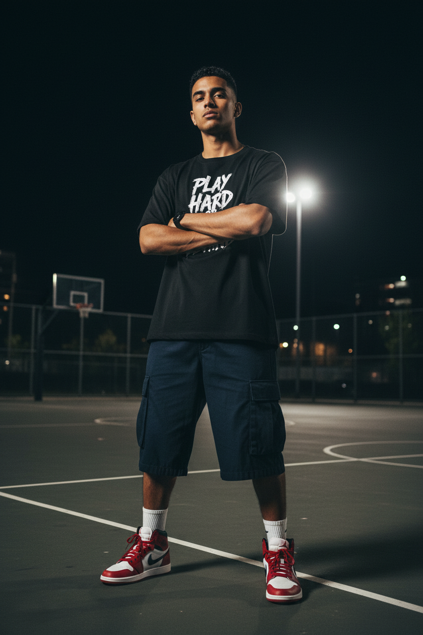 Play Hard or Stay Behind black oversized drop-shoulder tee on male model