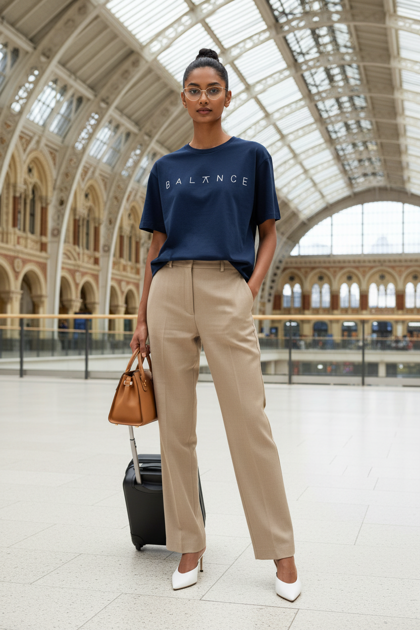Female model wearing navy blue BALANCE women's oversize tee at St Pancras International London