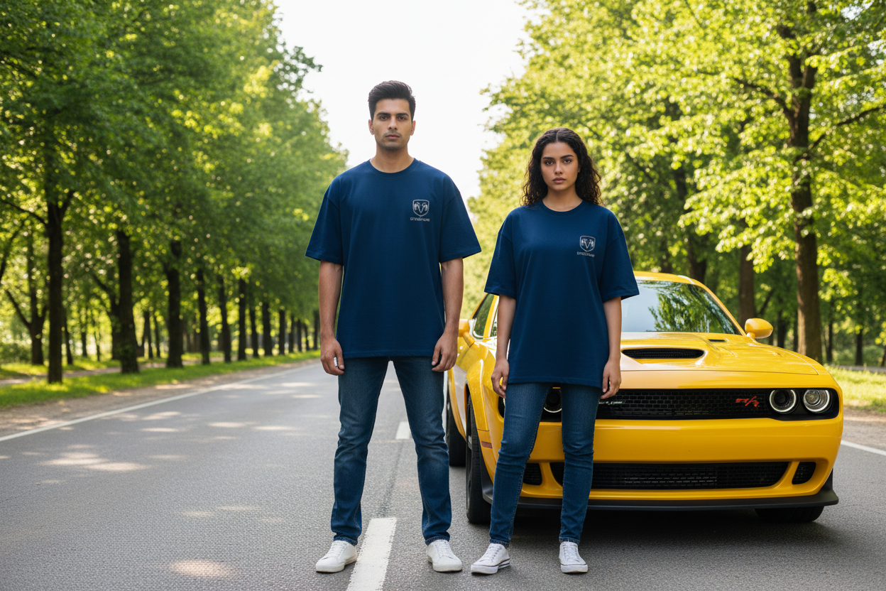 Navy blue oversized drop shoulder Dodge tee, Pakistani models, daylight road scene
