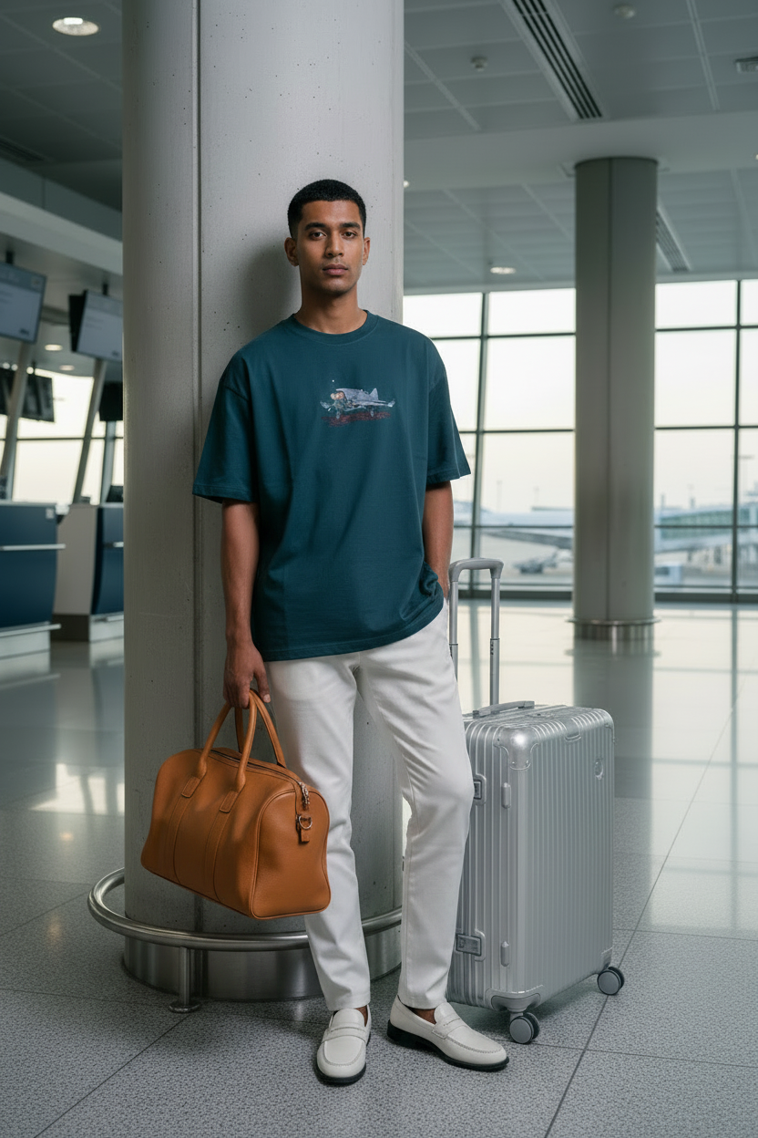 Dark grey tee – solo male model airport terminal