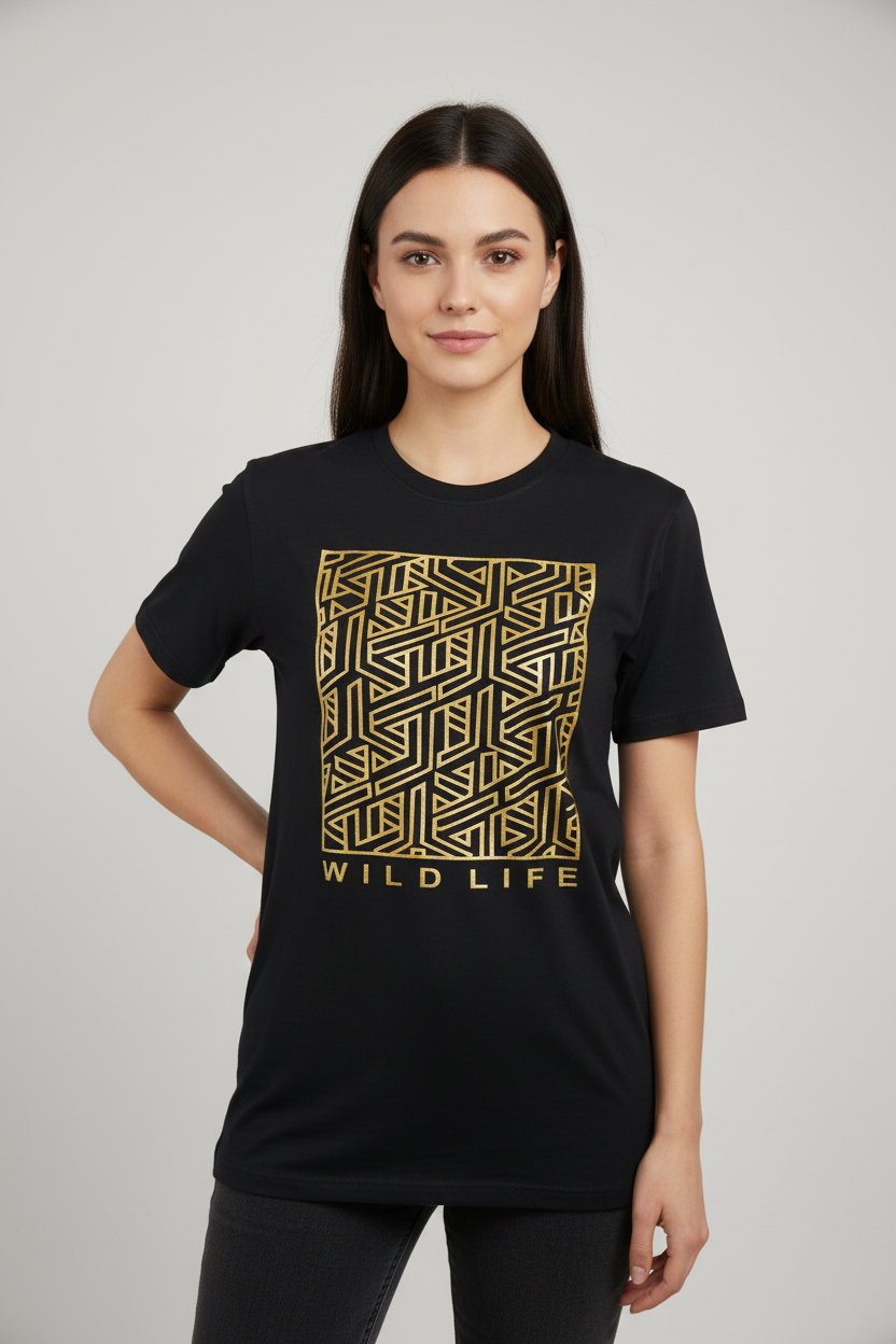 Wild Life Graphic Tee in Black worn by female model