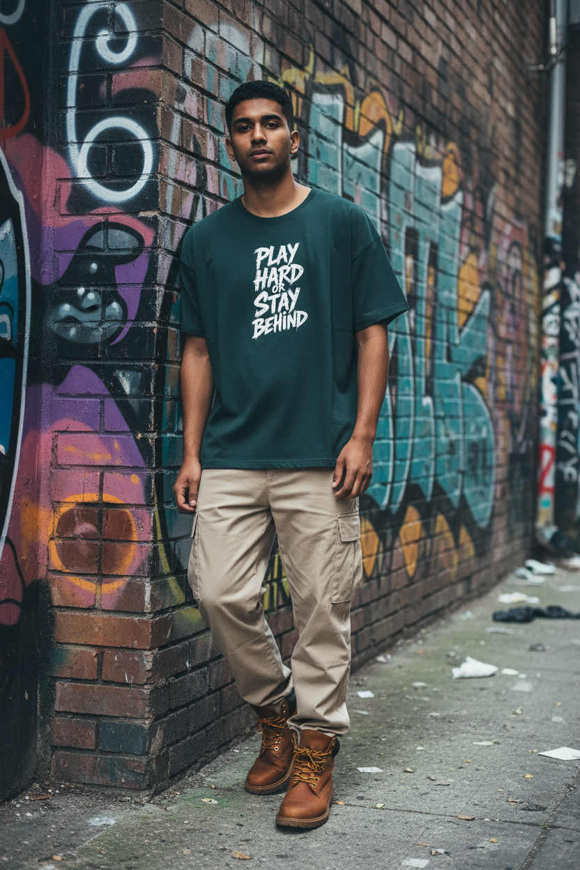 Play Hard or Stay Behind dark teal oversized drop-shoulder tee on male model