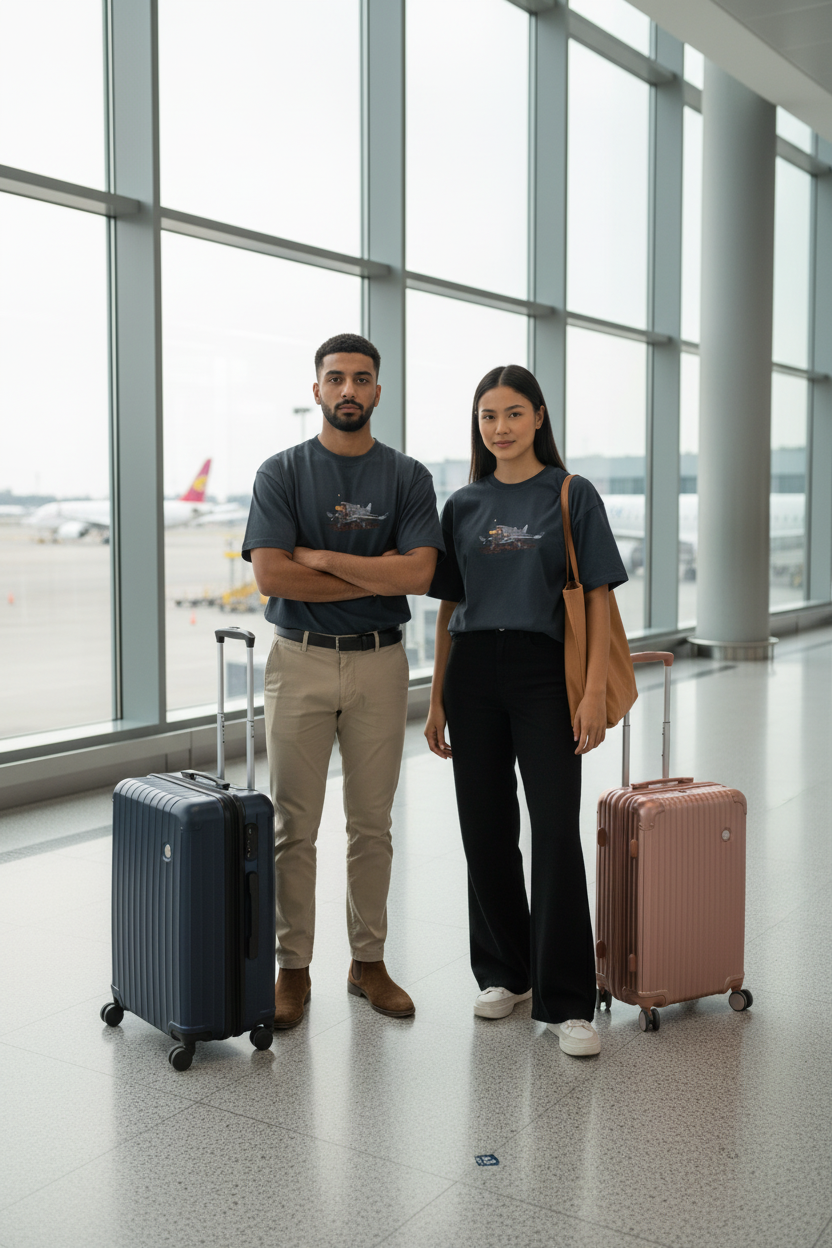 Dark charcoal grey graphic tee – couple airport lifestyle shot