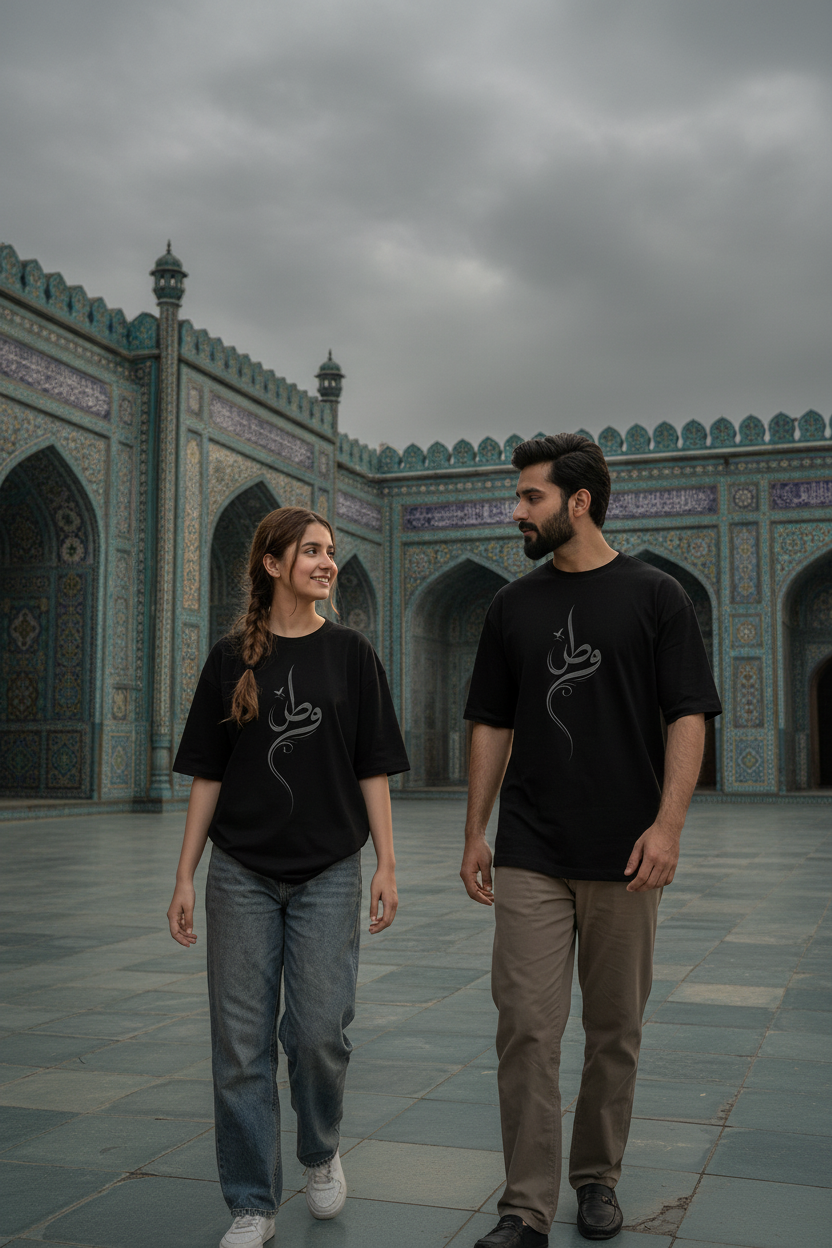Watan Tee - Charcoal - Pakistani models at Wazir Khan Mosque