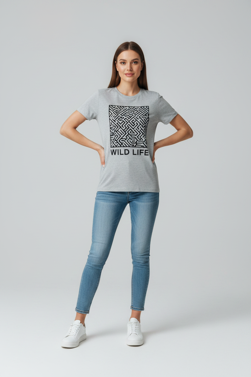 Wild Life Graphic Tee in Light Grey worn by female model