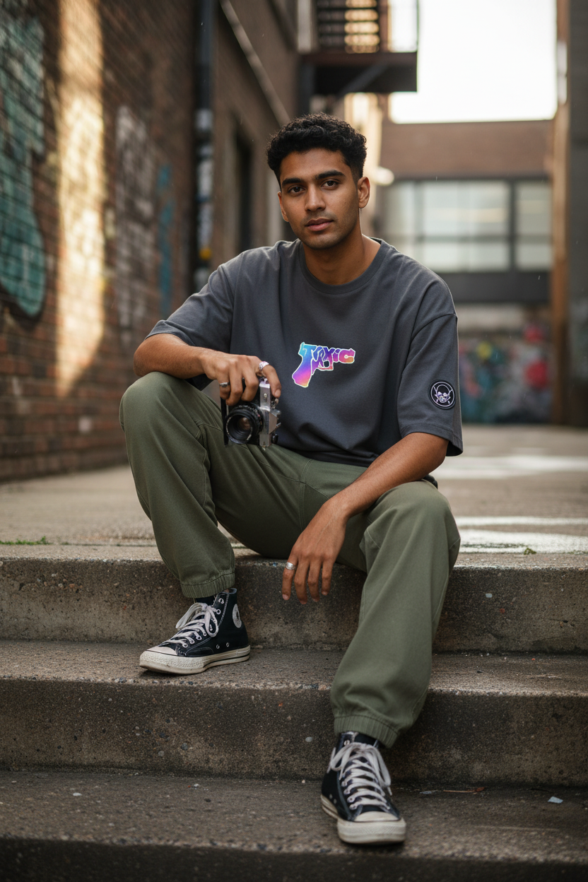 TOXIC Tee - Medium Dark Grey - Model Shot Urban Street