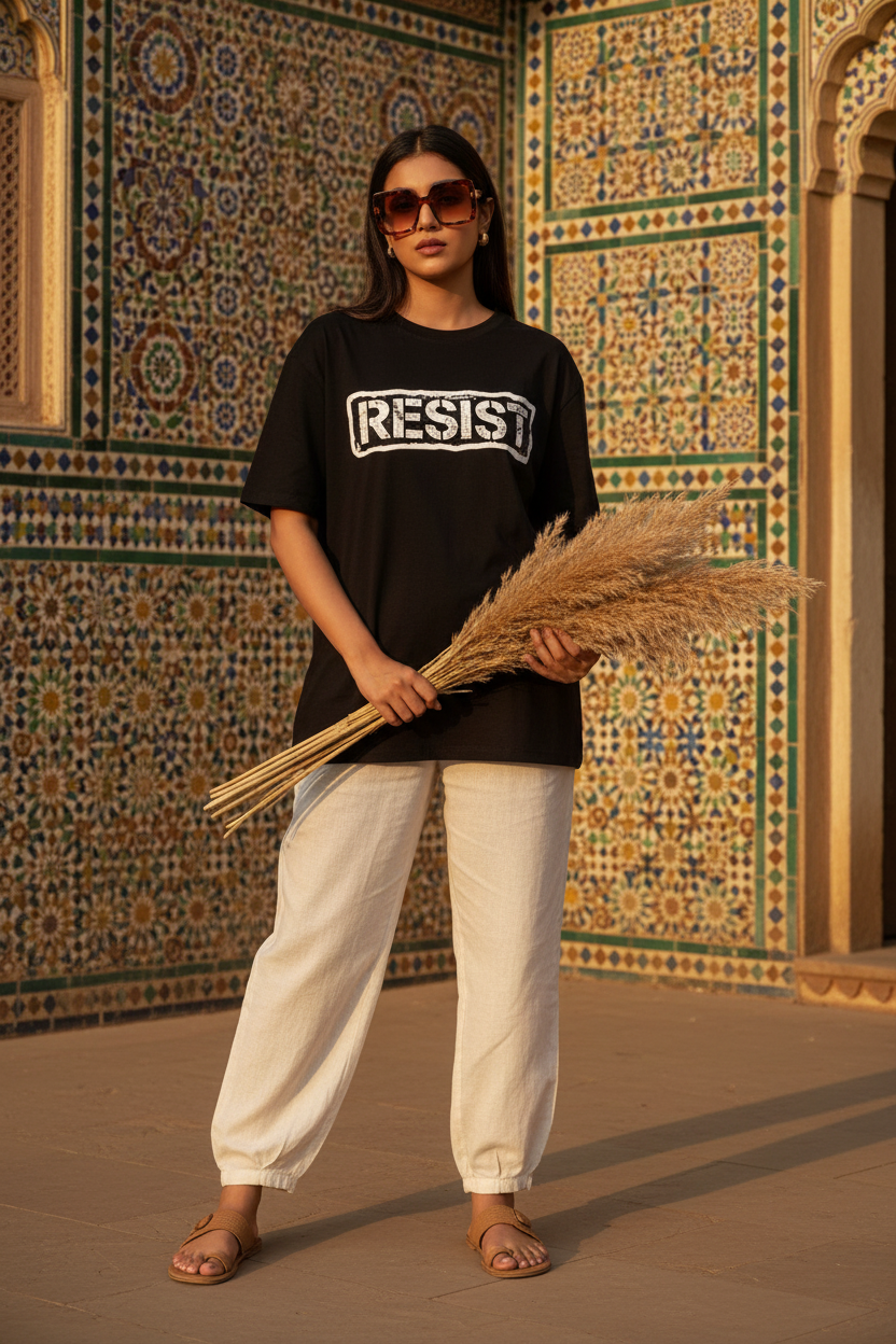 RESIST Graphic Tee - Black - Female Model Lahore Haveli