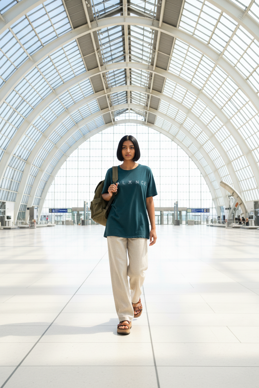 Female model wearing dark teal BALANCE women's oversize tee at Liège-Guillemins station Belgium