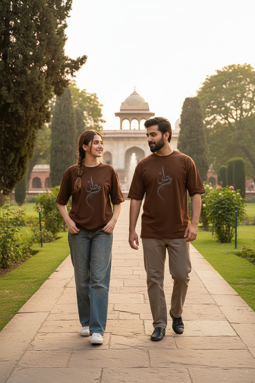 Watan Tee - Chocolate Brown - Pakistani models at Shalimar Gardens