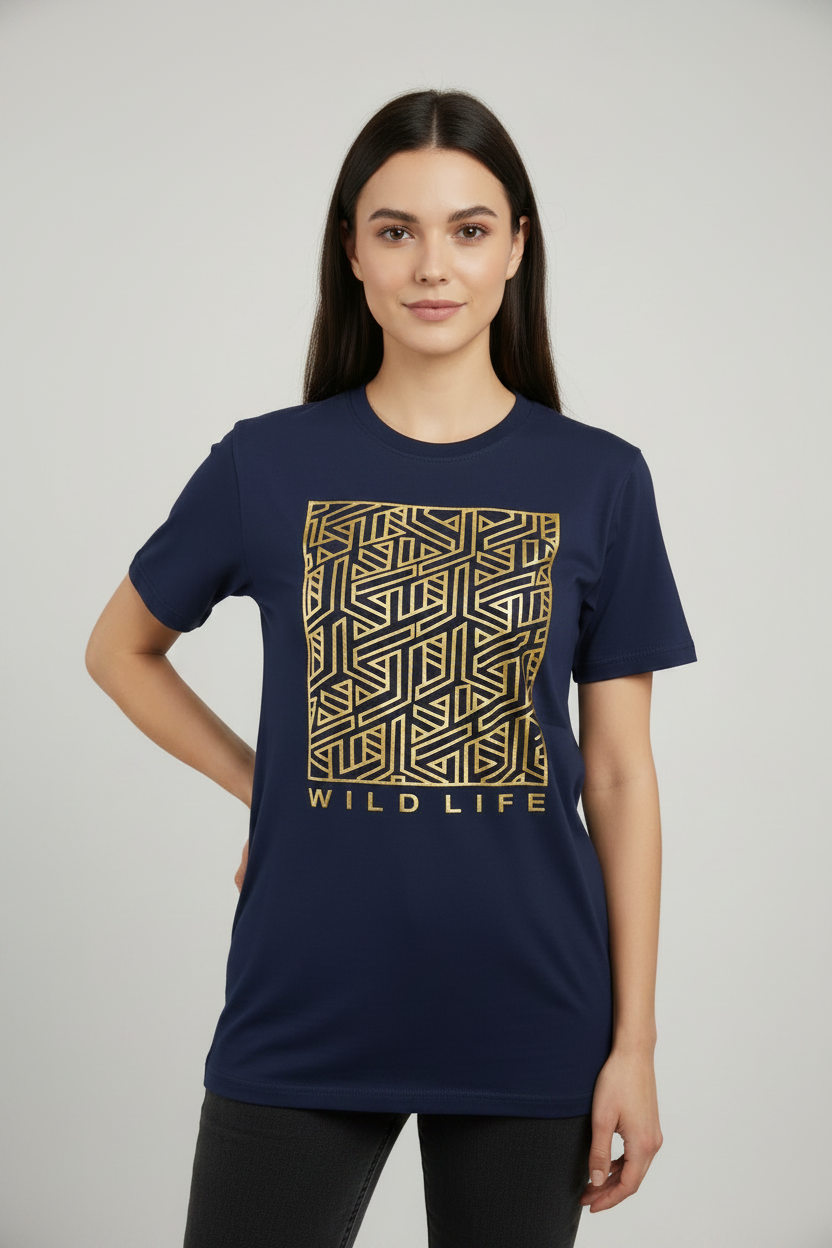 Navy blue t-shirt with gold Wild Life geometric print