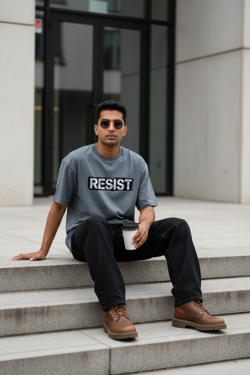 RESIST Graphic Tee - Slate Grey - Male Model Building Steps