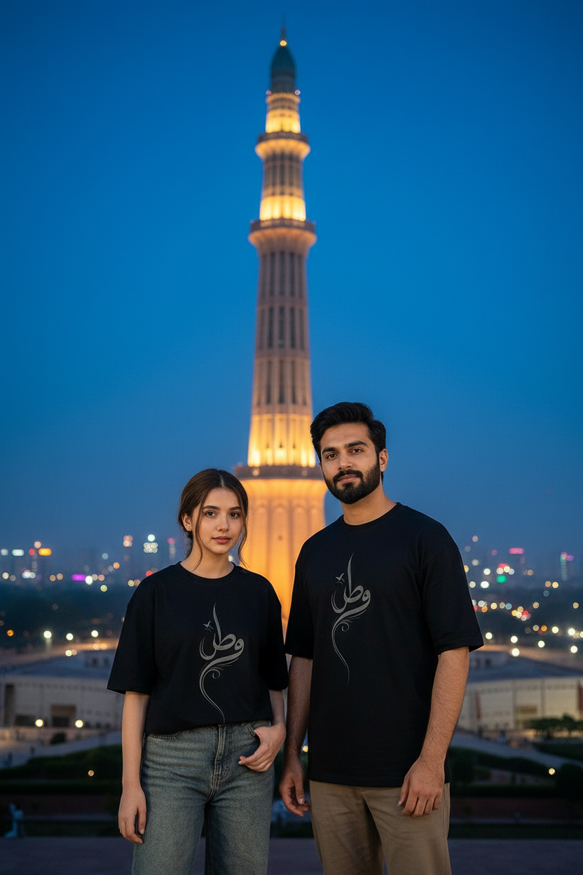Watan Tee - Navy Blue - Pakistani models at Minar-e-Pakistan