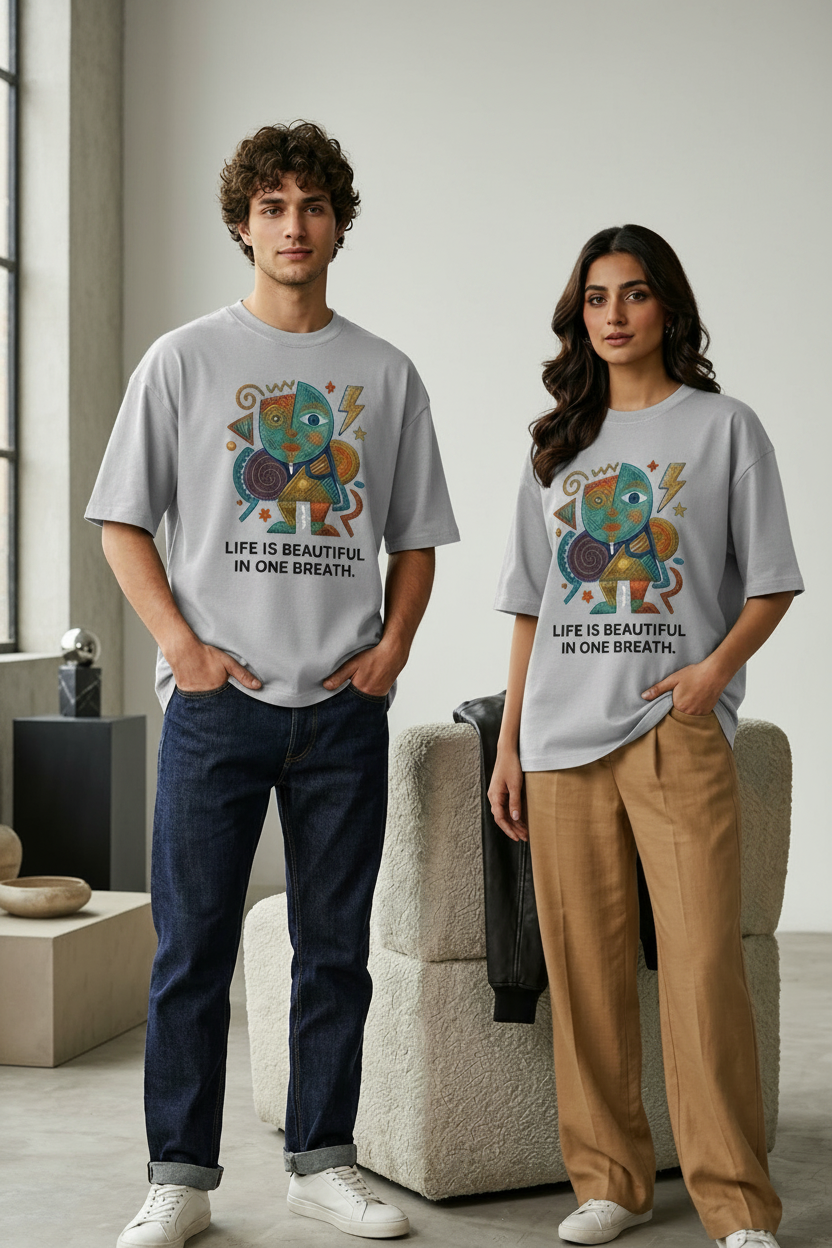 Light Grey Silver oversized drop shoulder tee – minimalist studio