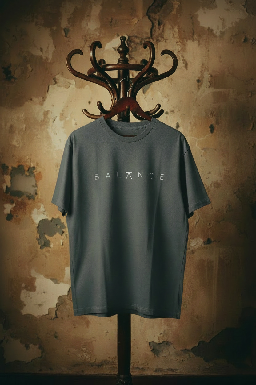 Charcoal grey BALANCE women's oversize tee with correct print on antique hanger stand