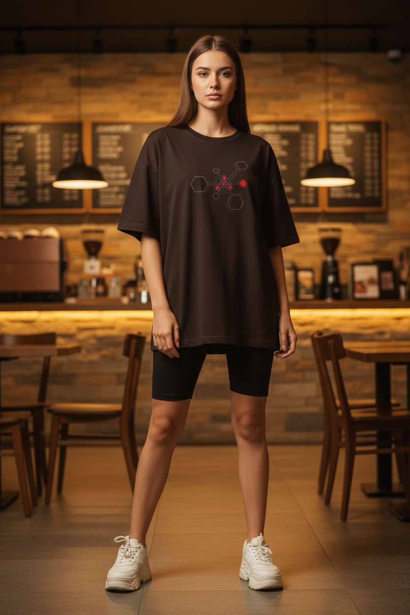 Woman wearing Dark Coffee Brown Hexnode Circuit Tee – center print – coffee shop