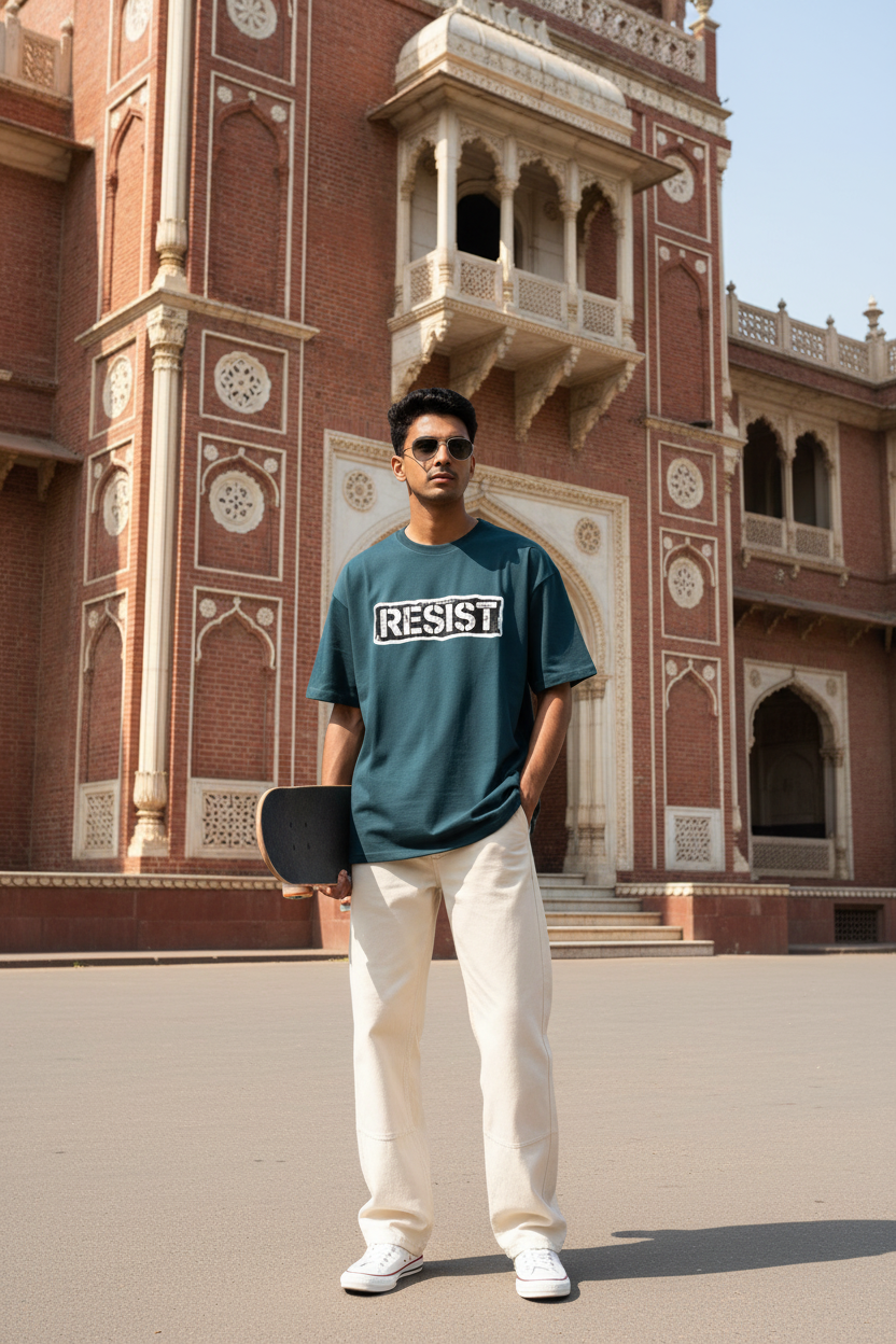 RESIST Graphic Tee - Dark Teal - Male Model Lahore Heritage