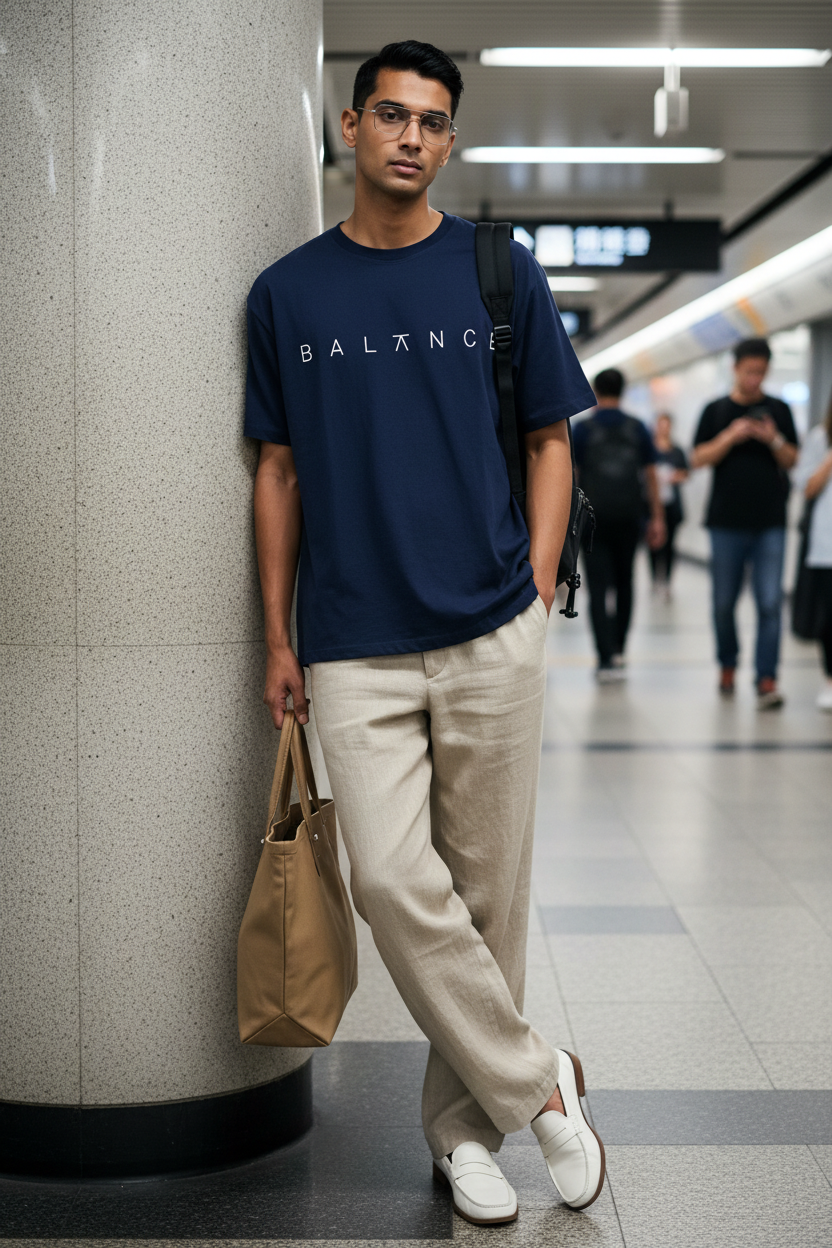 Male model wearing navy blue BALANCE mid oversize drop shoulder tee at Asian metro station