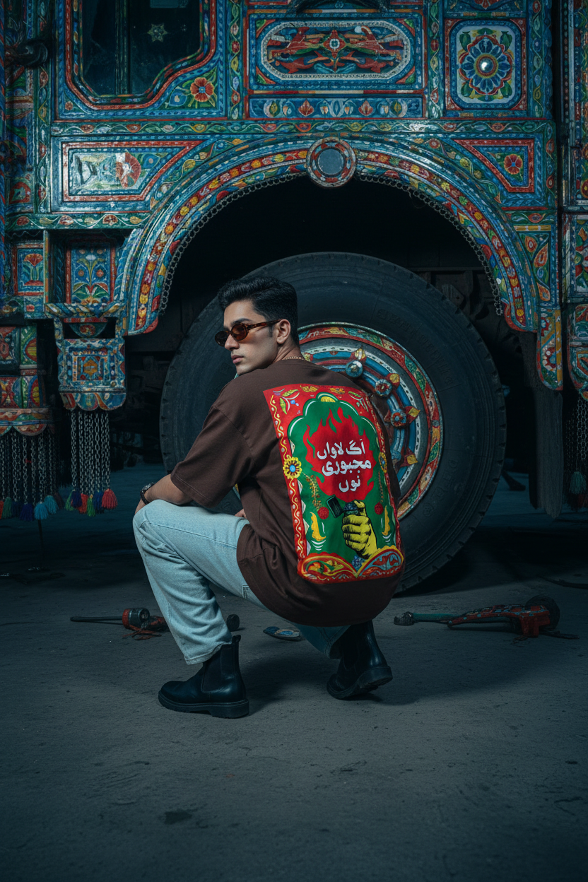 Dark Coffee Brown Truck Art Graphic Tee — Model Shot