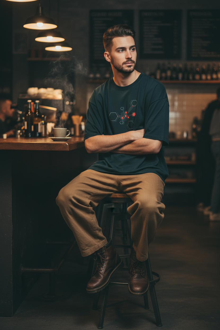 Man wearing Dark Teal Hexnode Circuit Tee in coffee shop