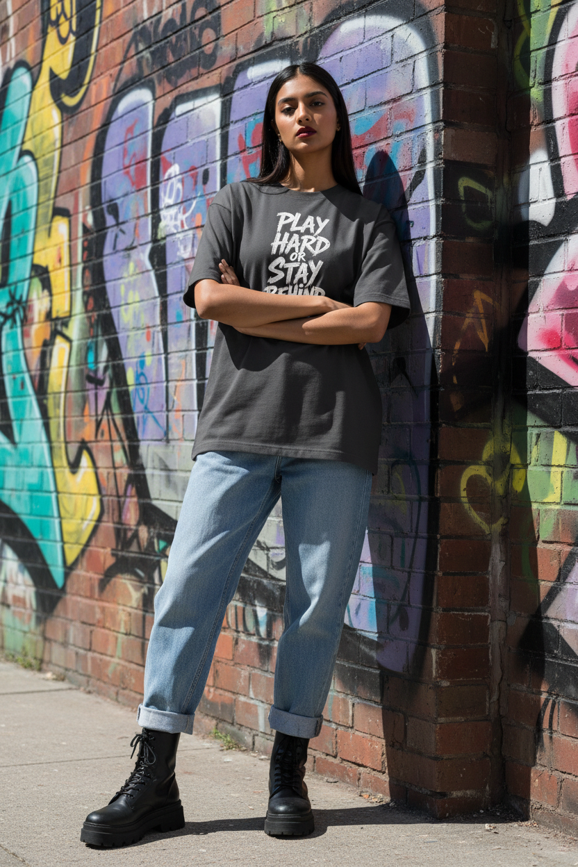Play Hard or Stay Behind charcoal grey women's oversized drop-shoulder tee
