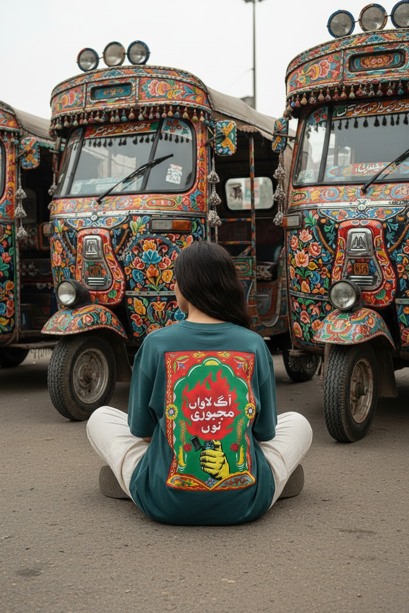 Dark Teal Women's Truck Art Tee — Sazgar Rickshaw Model Shot