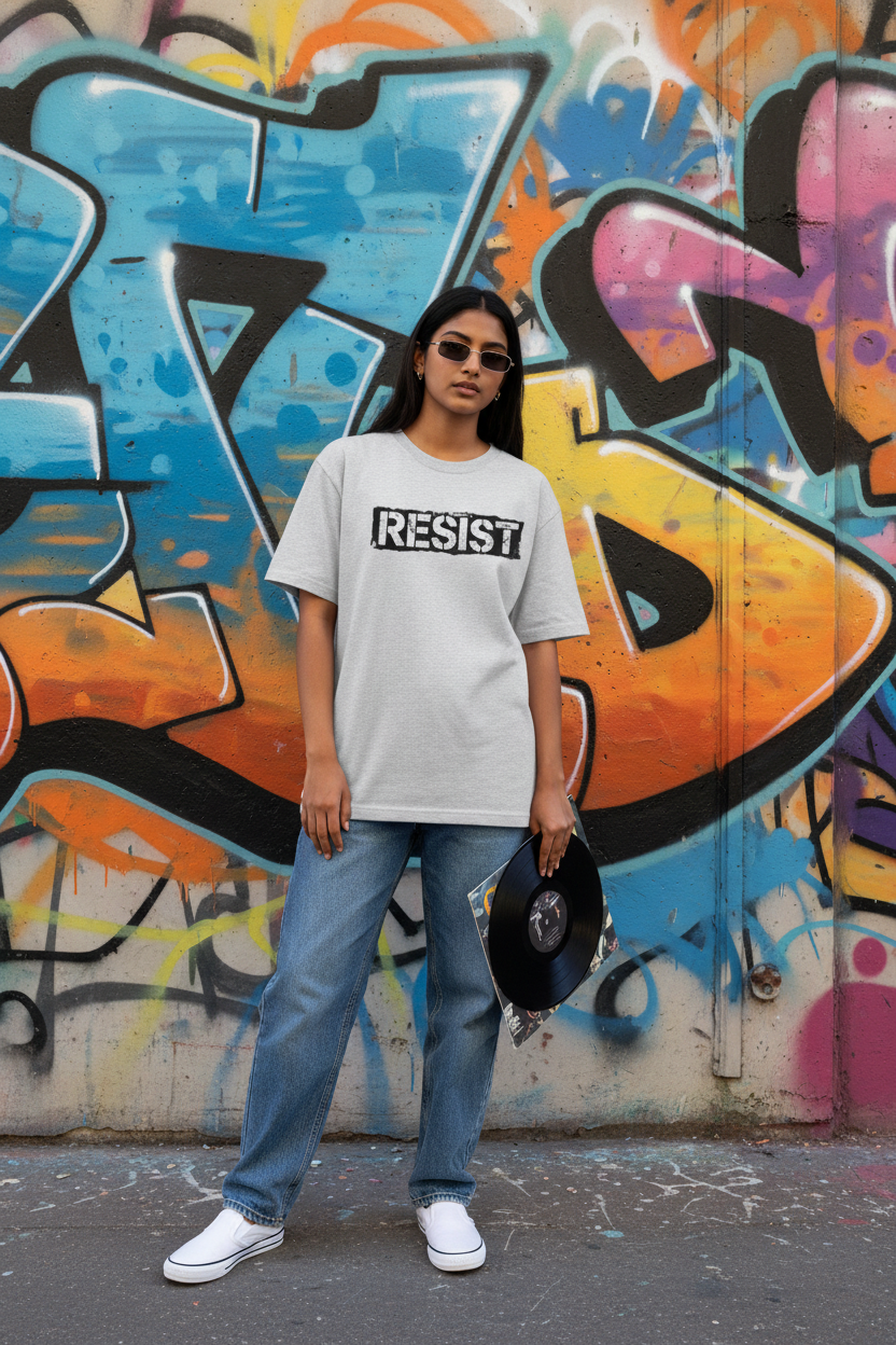 RESIST Graphic Tee - Light Grey - Female Model Graffiti Wall