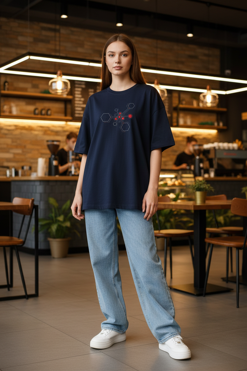 Woman wearing Navy Blue Hexnode Circuit Tee – center print – coffee shop