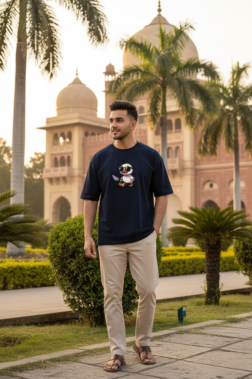 Penguin Oversized Drop Shoulder Tee - Navy Blue
