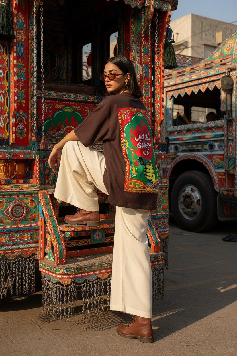 Dark Coffee Brown Women's Truck Art Tee — Model Shot