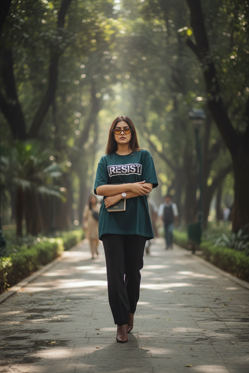 RESIST Graphic Tee - Dark Teal - Female Model Islamabad Park