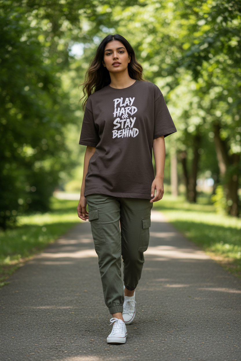 Play Hard or Stay Behind dark coffee brown women's oversized drop-shoulder tee