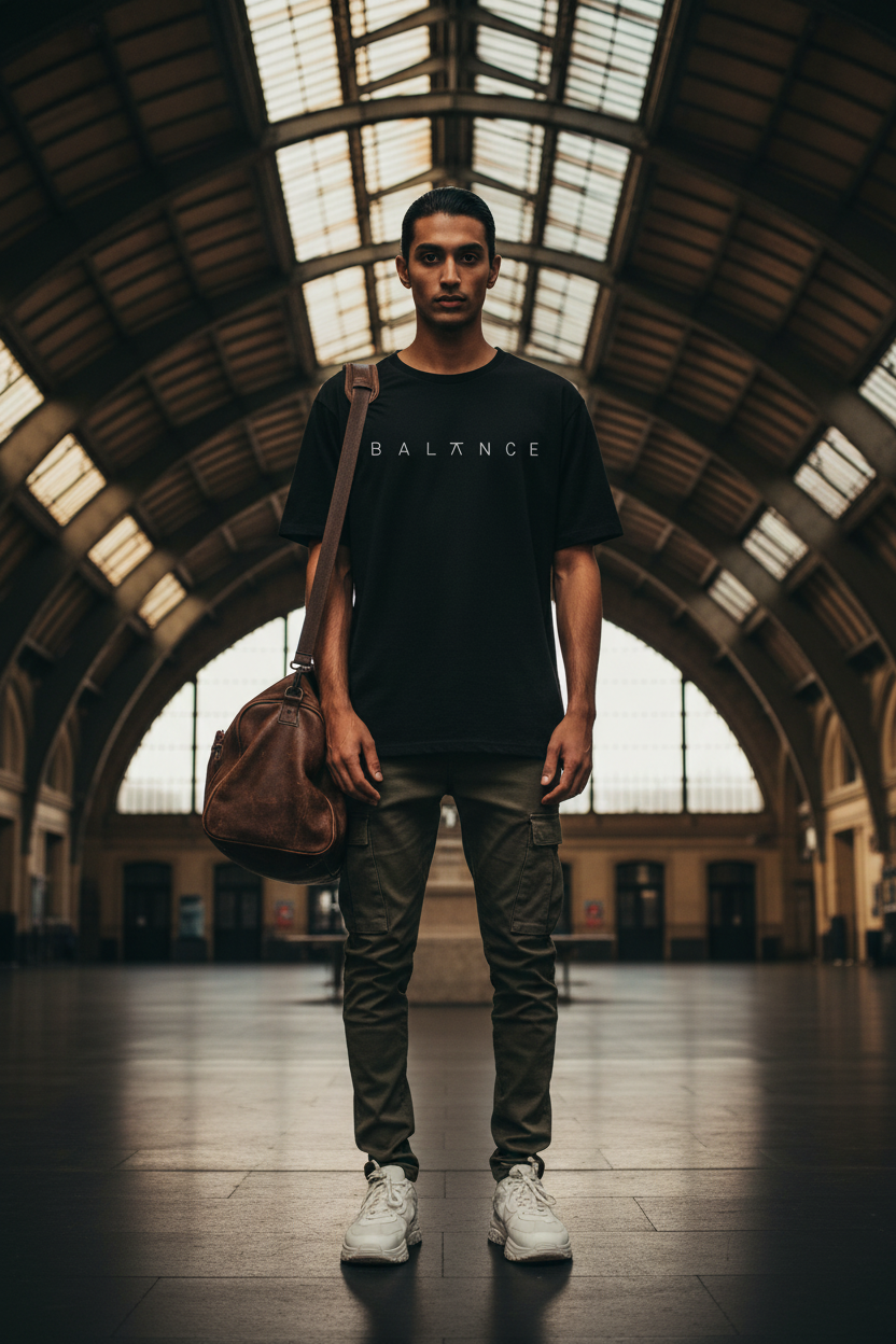 Male model wearing black BALANCE mid oversize drop shoulder tee at European train station