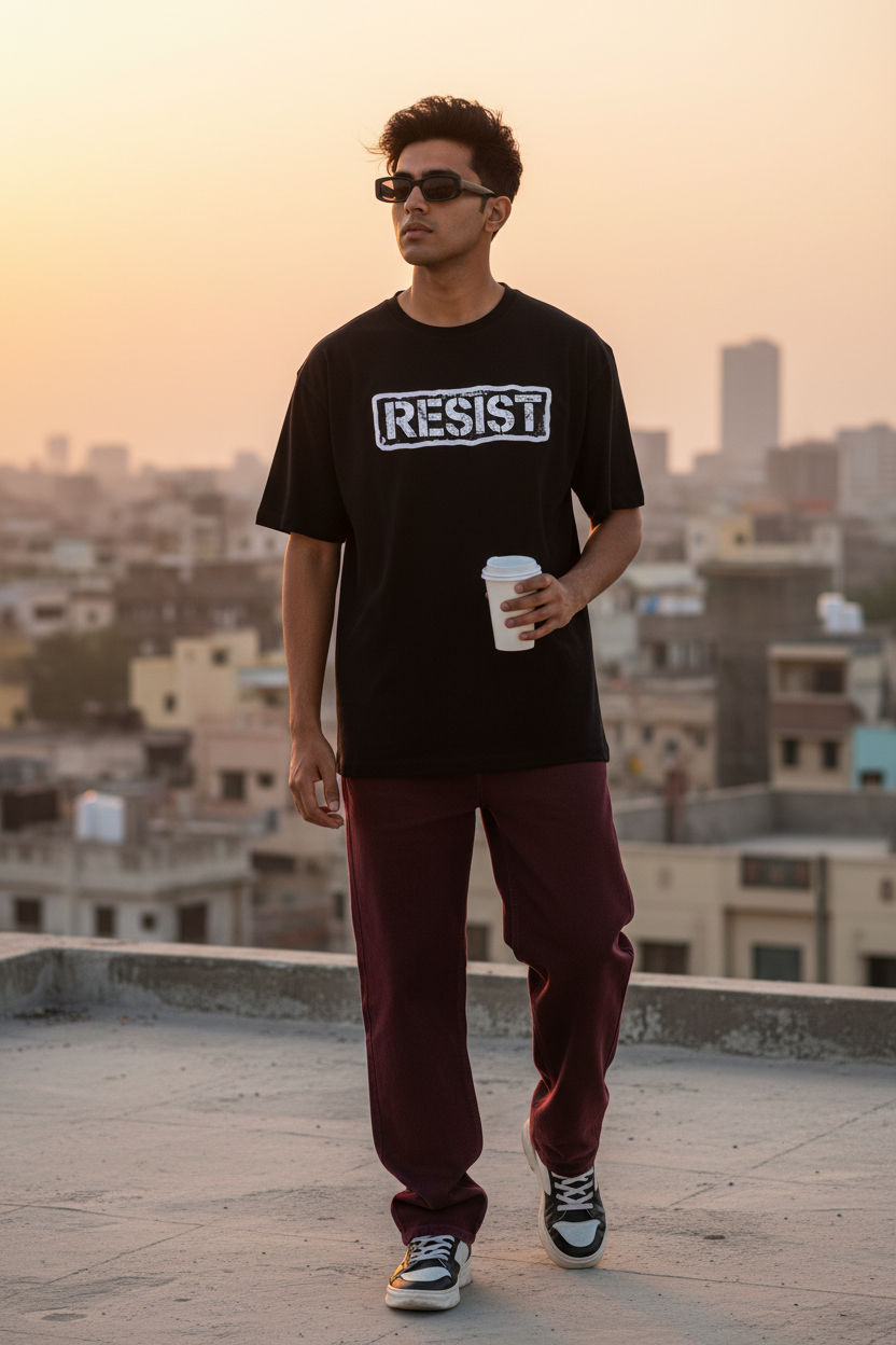 RESIST Graphic Tee - Black - Male Model Karachi Rooftop