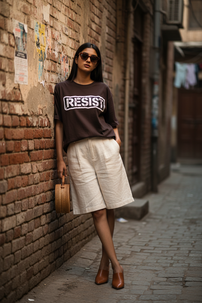 RESIST Graphic Tee - Dark Brown - Female Model Brick Alleyway