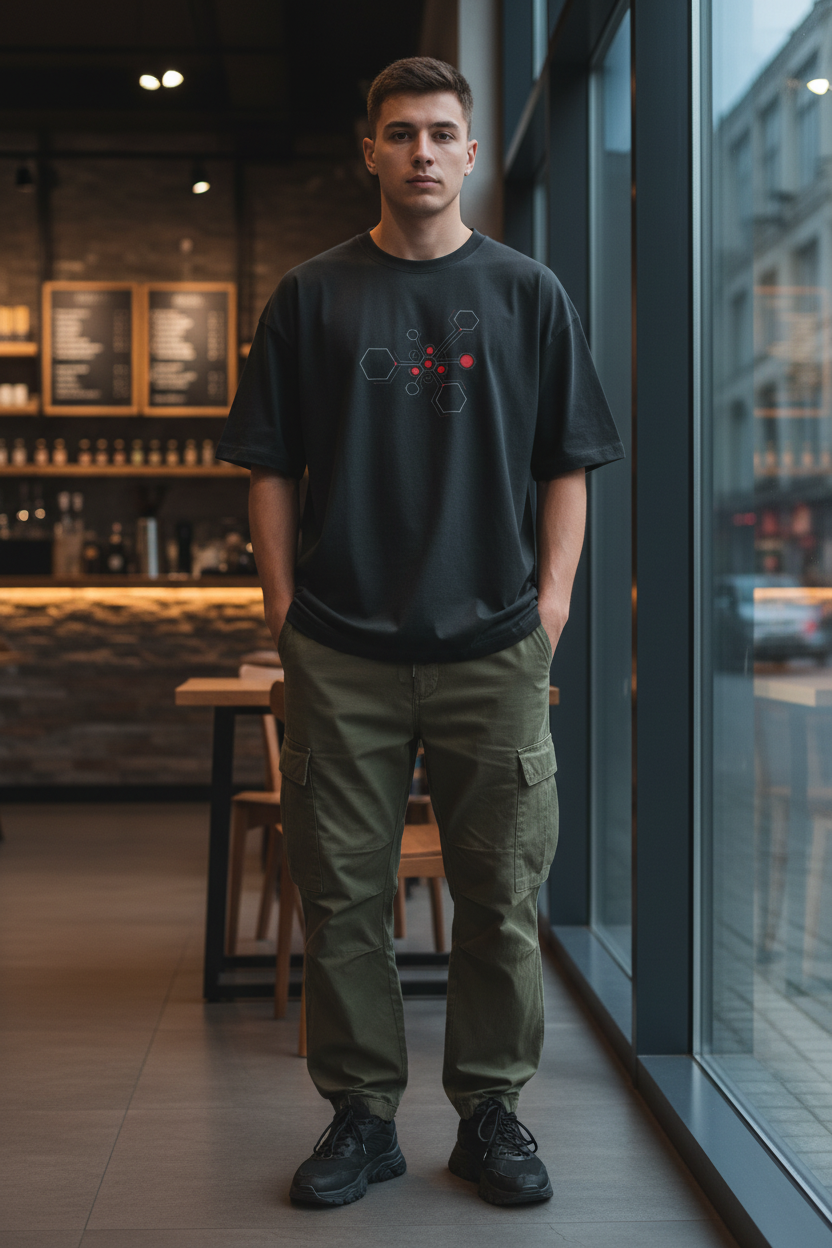 Man wearing Dark Grey Hexnode Circuit Tee in coffee shop