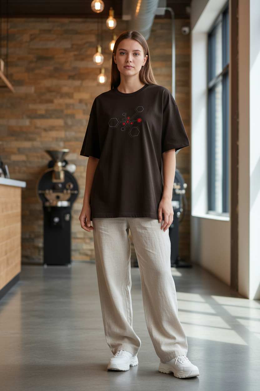 Woman wearing Dark Coffee Brown Hexnode Circuit Tee – center print – coffee roastery