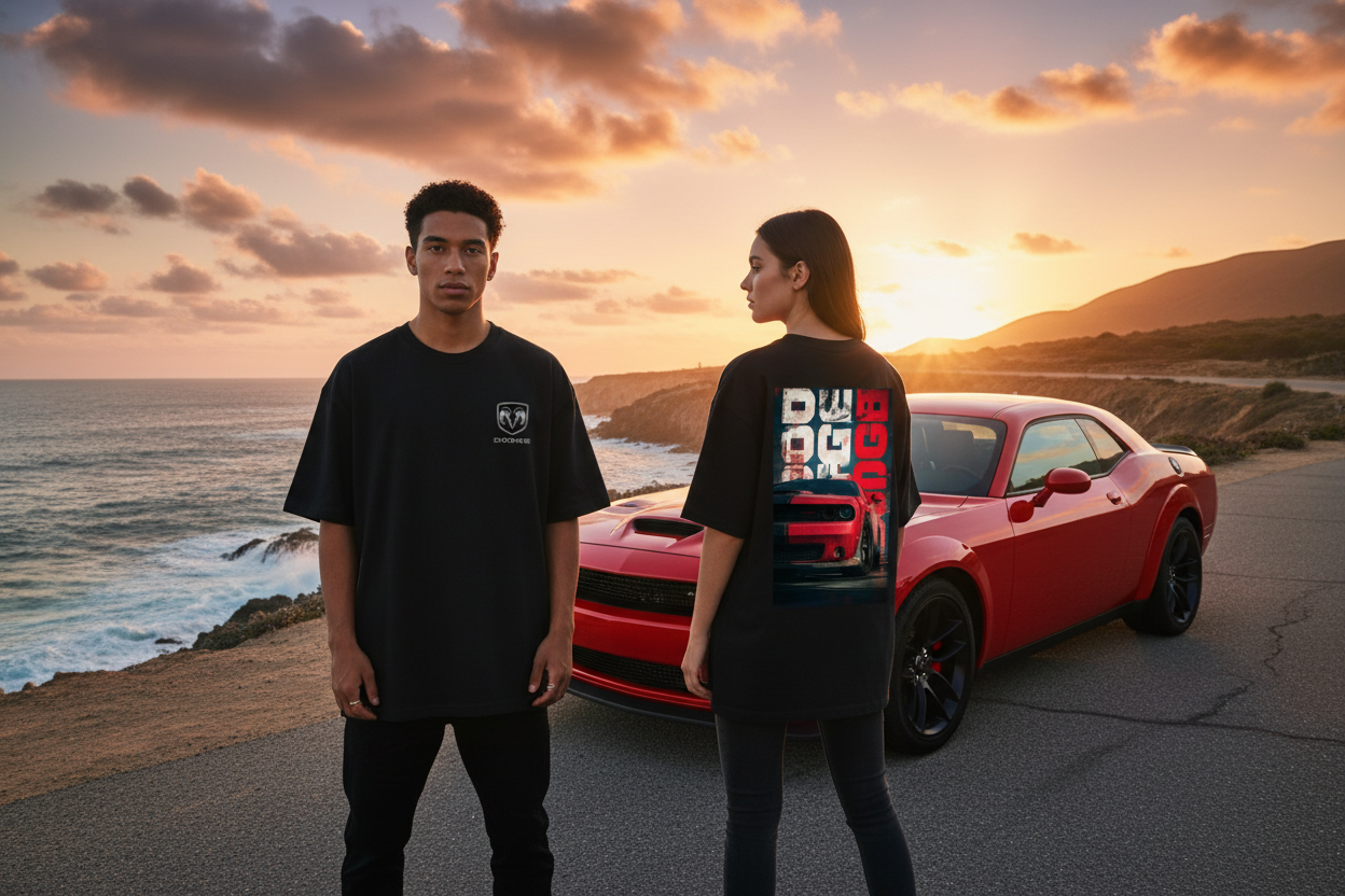 Black oversized drop shoulder Dodge tee, coastal cliff road scene