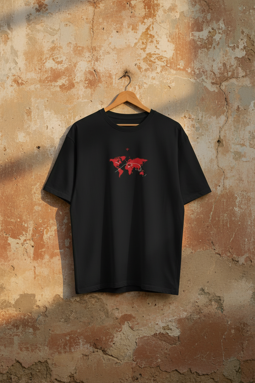Black oversized tee with world map and airplane graphic on hanger against beautiful wall