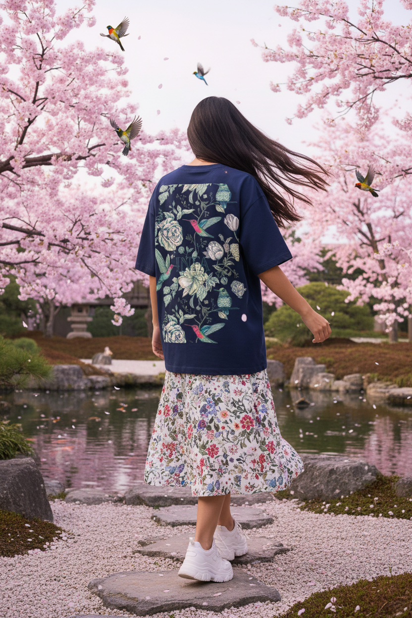 Female model showing back of navy blue INFA botanical drop shoulder tee in Japanese zen garden