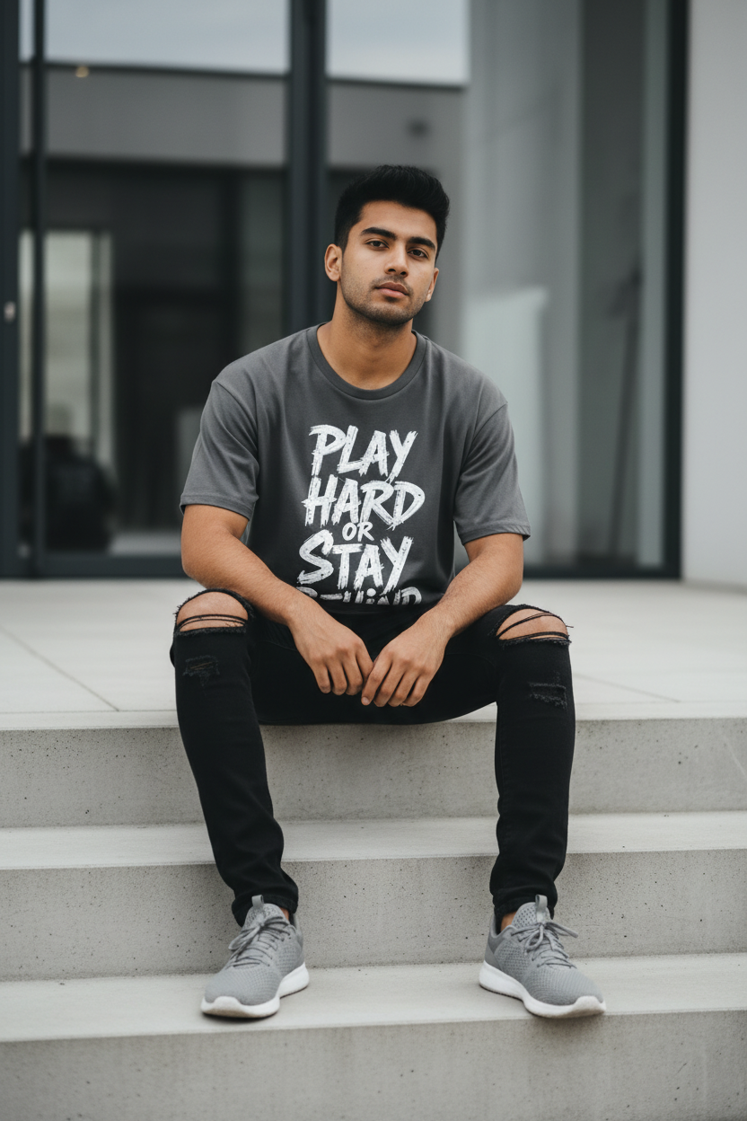 Play Hard or Stay Behind charcoal grey oversized drop-shoulder tee on male model