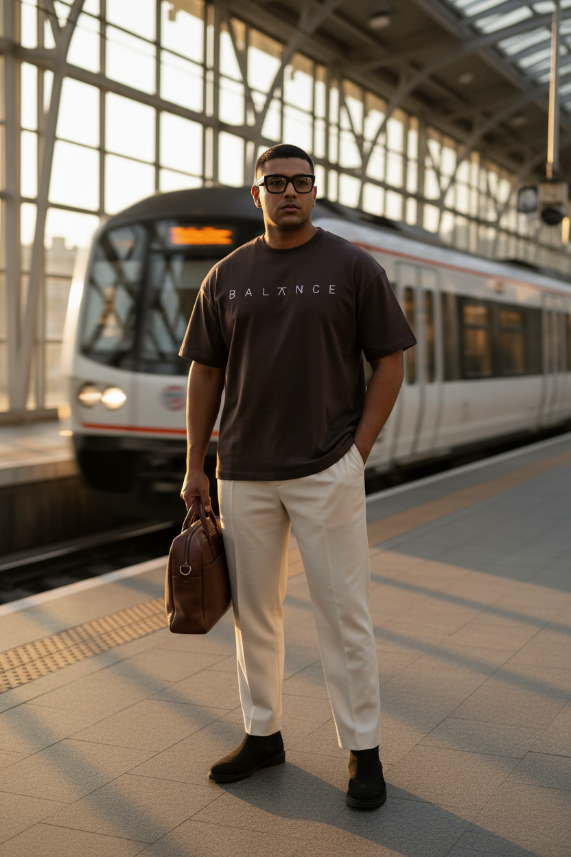 Male model wearing dark coffee brown BALANCE mid oversize drop shoulder tee at modern glass train station